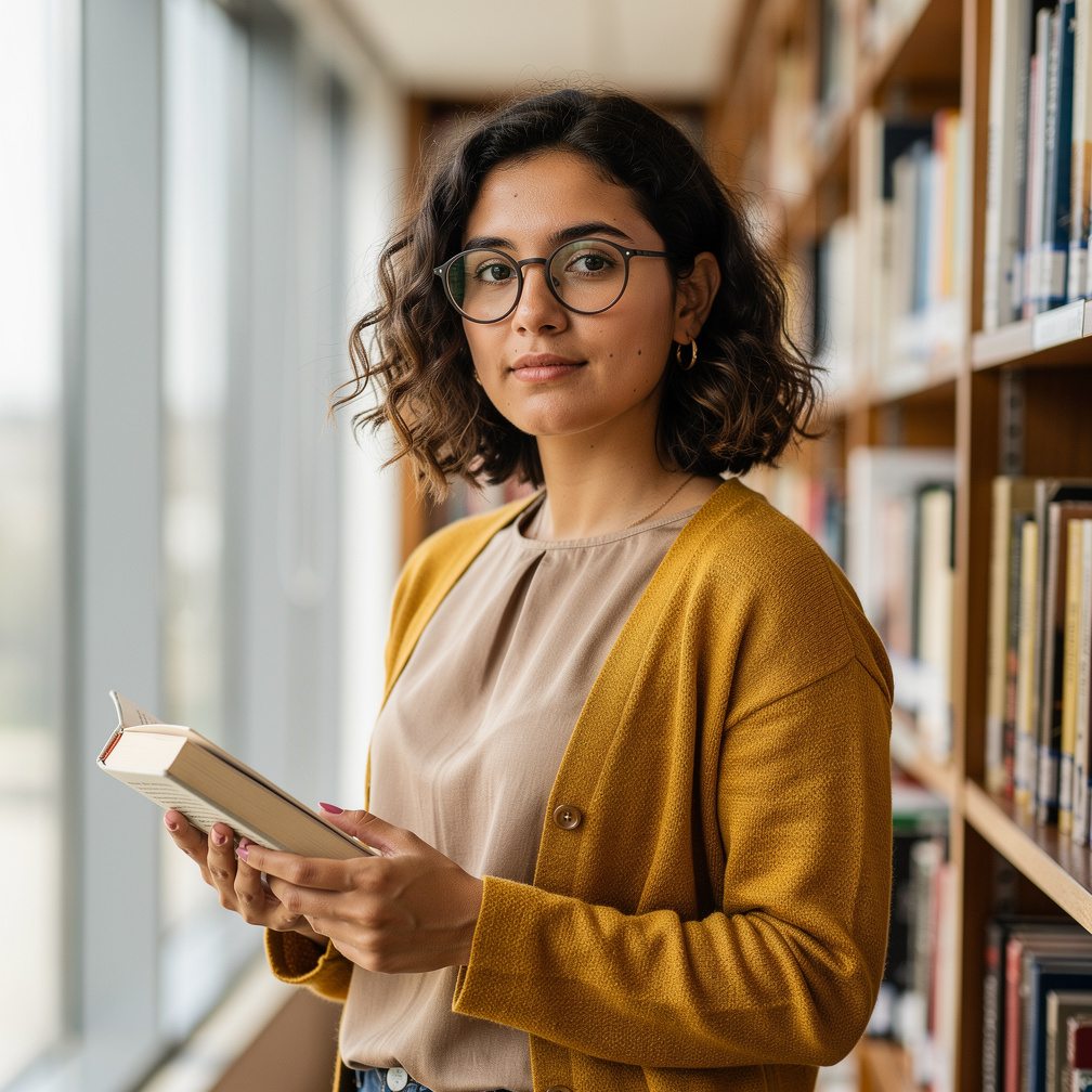Portrait of a young Argentine culture writer with glasses in a library setting