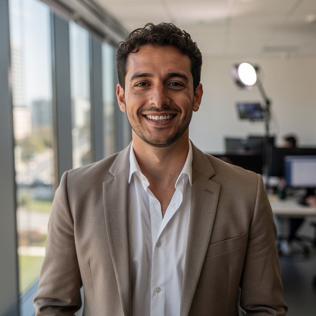 Portrait of an Argentine entertainment journalist smiling in a newsroom